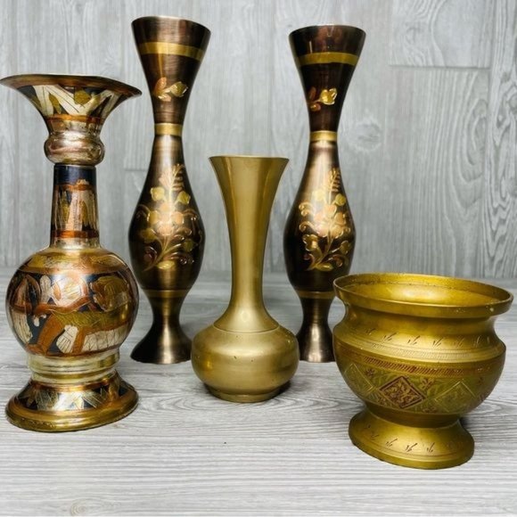 Vintage fluted brass / bronze vase / planters with floral design mcm